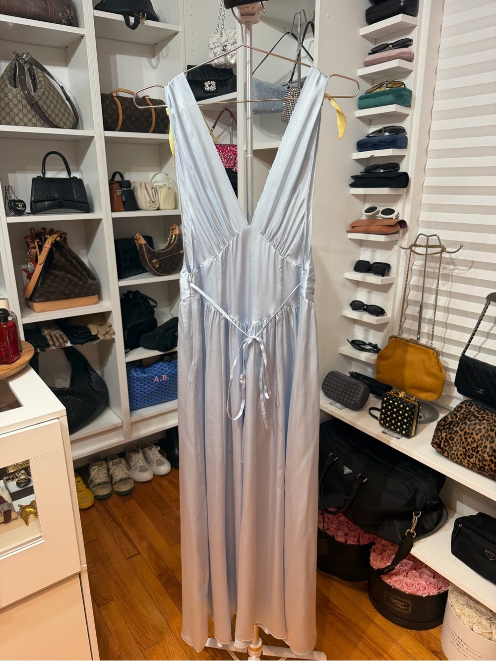 HELSA Satin Light Blue Maxi Dress with Yellow Shoulder Ties M - Picture 5 of 6